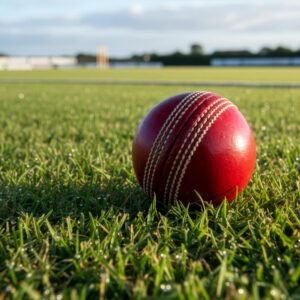 Close-up of a vibrant red cricket ball on a grass field, ideal for sports themes.