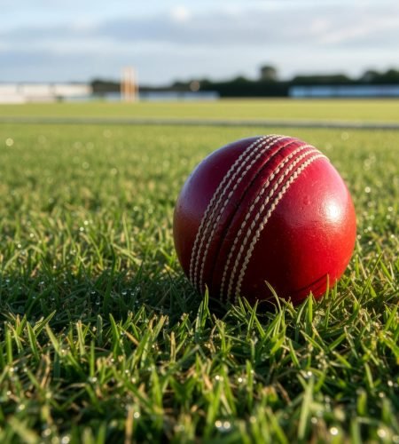 Close-up of a vibrant red cricket ball on a grass field, ideal for sports themes.